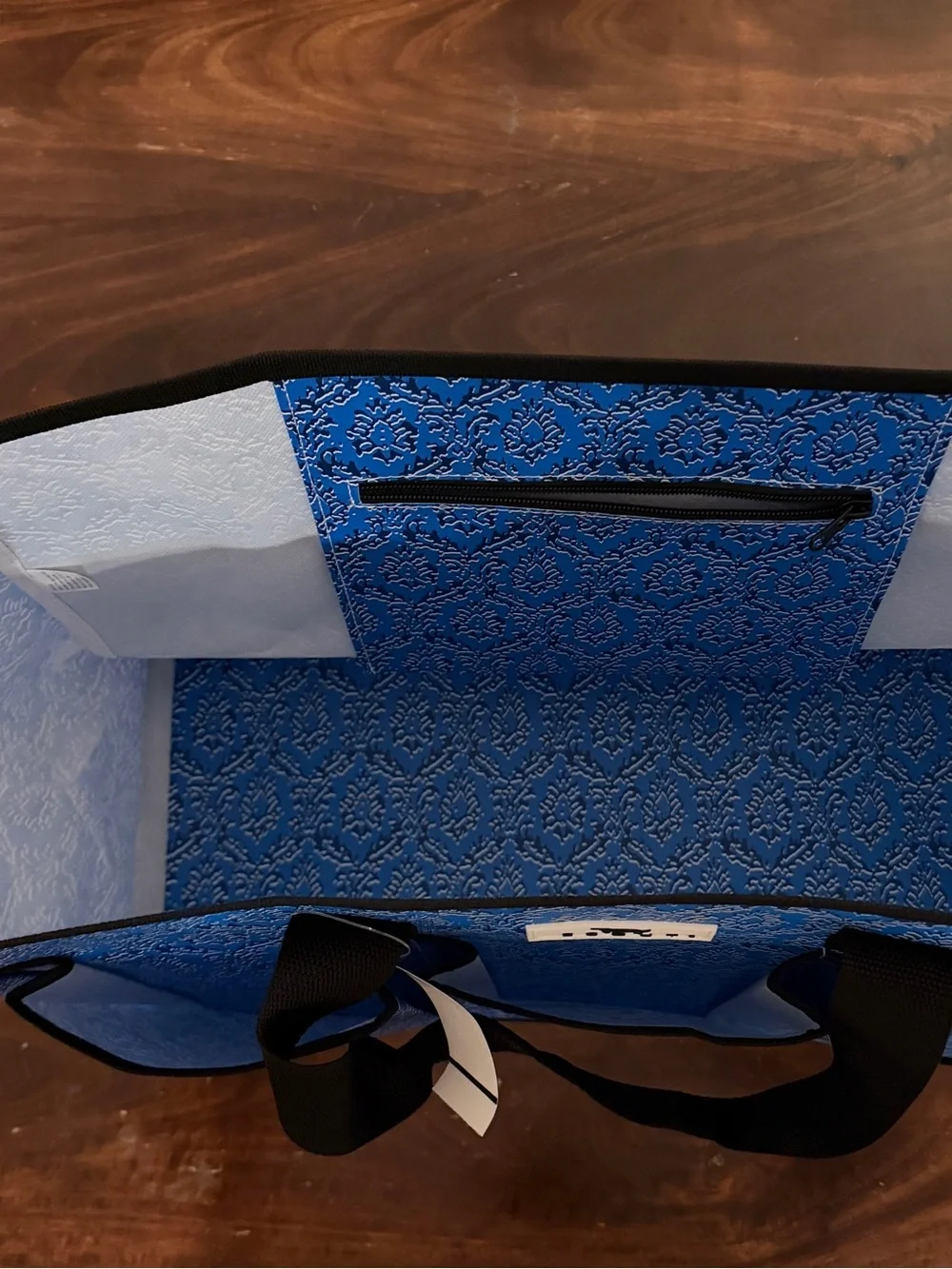 Scout Blue Patterned Tote with Black Straps and Interior Zip
